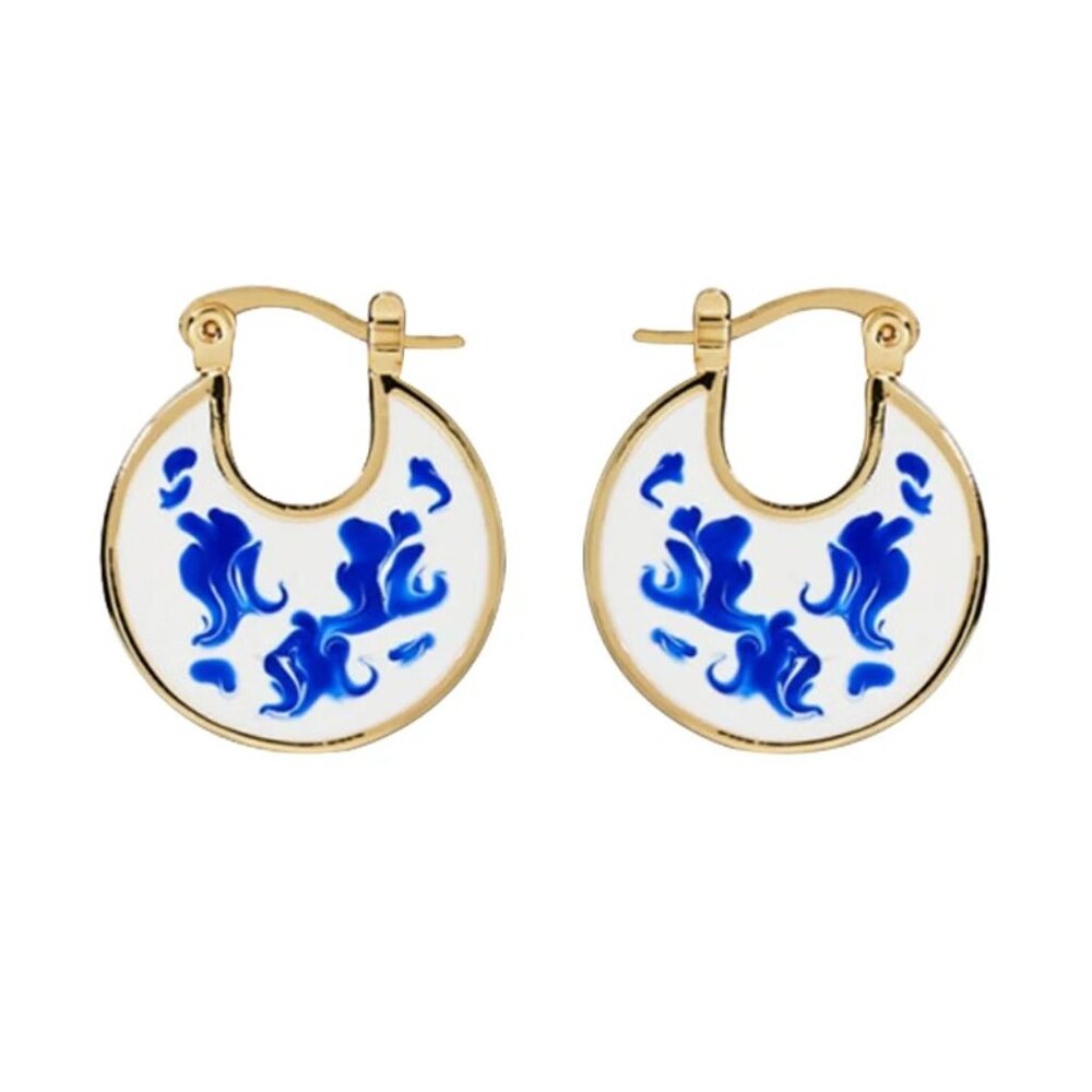 Blue & White Enamel Gold Plated Hoop Earrings